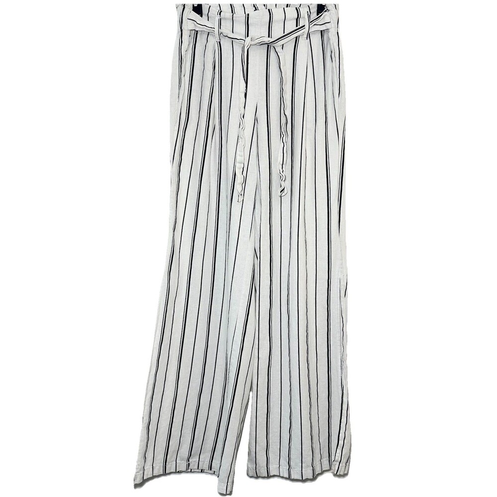 Rewash Linen Blend Striped Wide Leg Pants Tie Waist Beach Boho S Flowy Coastal